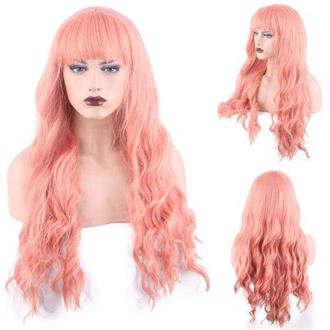 80cm Wavy Cosplay Synthetic Hair Wigs With Bangs Pink Wig 32 Inches