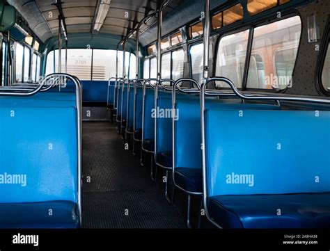 Old Blue Bus Seats In An Abandoned Bus Stock Photo Alamy
