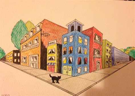 Cat Surveying A City My Attempt At Two Point Perspective Drawing Two
