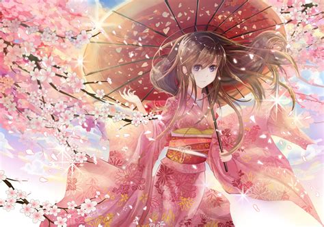Umbrella Kimono Original Characters Pink Cherry Blossom Japanese