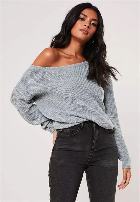Gray Off Shoulder Sweater Missguided Grey Knit Sweater Knit Sweater