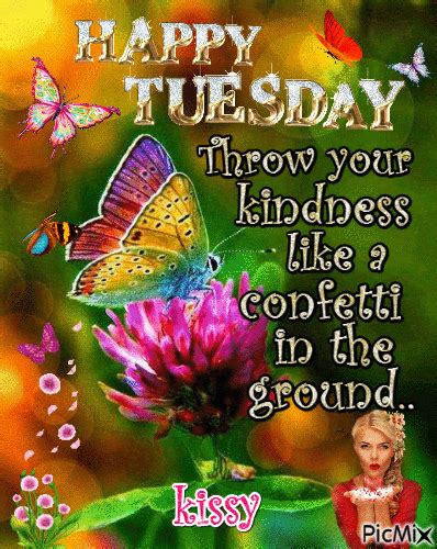 A Happy Tuesday Message With Butterflies On The Flowers And A Lady In