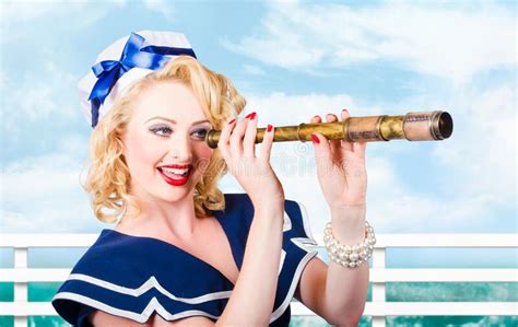 Sailor Girl Pin Up Looking Through Telescope Stock Image Image Of