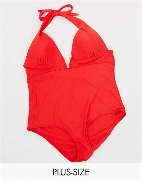 New Look Plus Lift And Shape Plunge Swimsuit In Red Asos