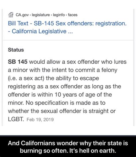 Ca Gov Legislature Leginto Faces Bill Text Sb 145 Sex Offenders