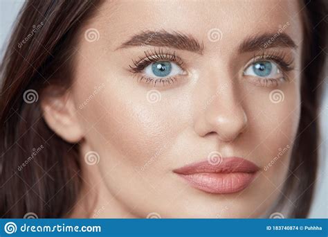 Beauty Beautiful Brunette Woman Close Up Portrait Blue Eyed Model With Perfect Skin And