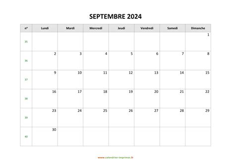 Calendrier Septembre 2024 à Imprimer