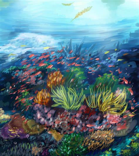Coral reef with tropical fish live acrylic painting. Reef paintings
