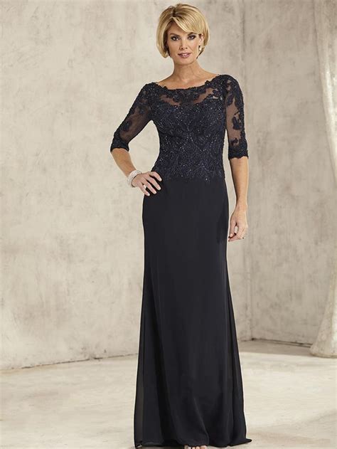Long Black 34 Sleeves Illusion Neckline Lace And Chiffon Mother Of The