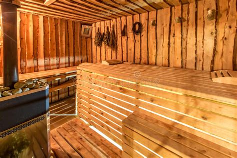 Large Standard Design Classic Wooden Sauna Interior Stock Photo Image