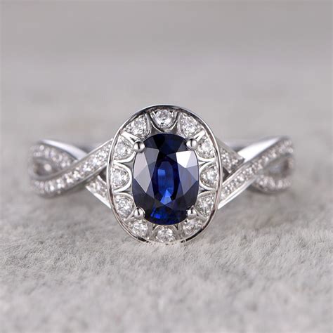 Rings For Women 14k White Gold 12ctw Oval Cut Blue Sapphire Engagement