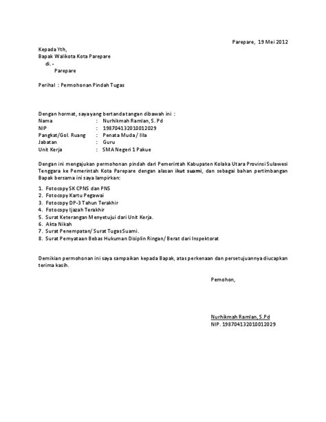 Surat Permohonan Pindah Tugas Pdf  Kumpulan Contoh Surat