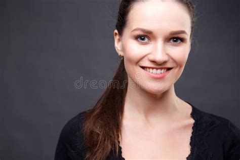 Close Up Portrait Of Elegant Brunette Woman With Nude Make Up Stock