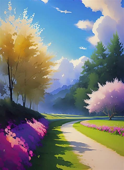 Beautiful Spring Landscape With Blooming Trees Stock Illustration