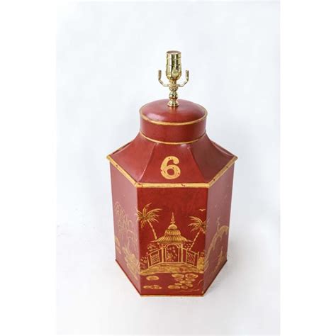 Vintage English Export Red Hexagonal Tole Chinoiserie Tea Caddy Lamp