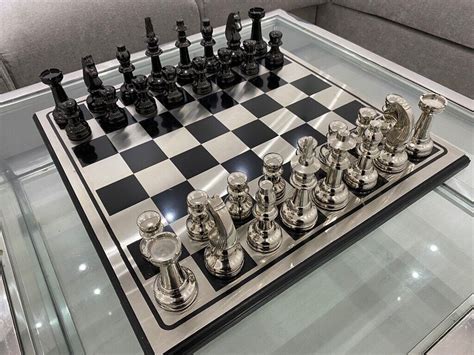 Beautiful Extra Large Heavy Silver And Black Chess Board Game Home