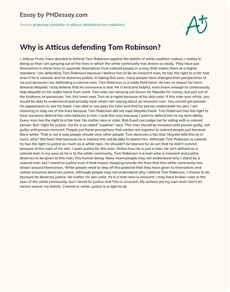 Why Is Atticus Defending Tom Robinson Personal Essay Example 600