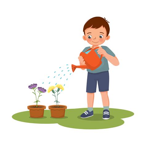 Happy Cute Little Boy Watering Plants Flowers In The Pot With Watering