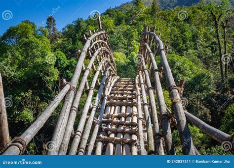 Traditional Bamboo Bridge For Crossing River At Forest At Morning From