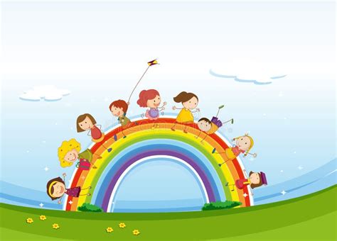 Children Standing Over The Rainbow Stock Vector Illustration Of