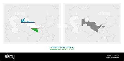 Due Versioni Della Mappa Dell Uzbekistan Con La Bandiera Dell Uzbekistan Ed Evidenziata In