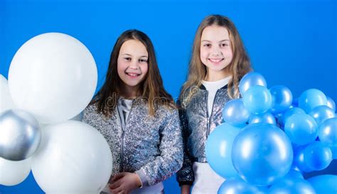 Having Fun Concept Balloon Theme Party Girls Little Siblings Near Air Balloons Birthday Party