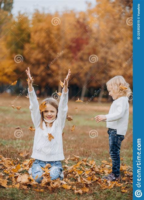 Happy Children Play Autumn Park Up Fallen Stock Image Image Of