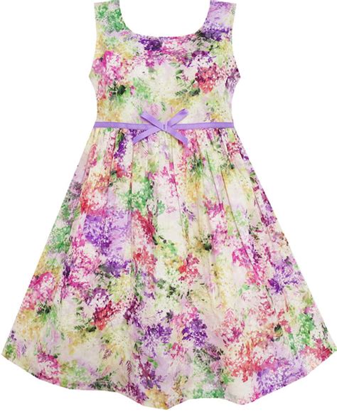 Girls Dress Blooming Flower Garden Print Sleeveless Purple Sunny Fashion