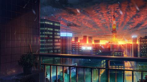 Download City Buildings Sunset Anime 4k Wallpaper