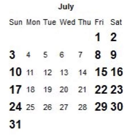A July Calendar With The Date On It