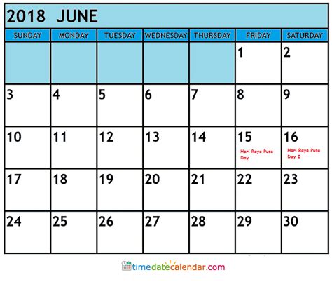 The calendar contains the national and state holidays for 2018. June 2018 Calendar Holidays USA UK Singapore Malaysia & Canada