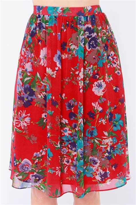 Pretty Floral Print Skirt Red Skirt Midi Skirt High Waisted Skirt