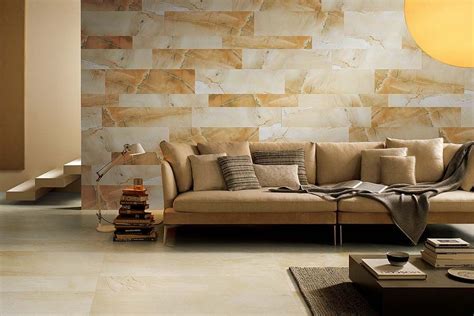 Beautiful Living Room Wall Tiled In Warm Toned Sandstone Effect