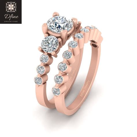 Three Stone Diamond Ring Sets Rose Gold Engagement Ring Band Set