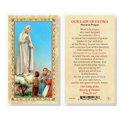 Our Lady Of Fatima Novena Prayer Gold Stamped Laminated Holy Card