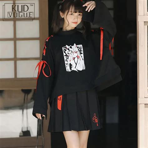 Japanese Oversized Printed Anime Hoodie Women Gothic Street Cool Black