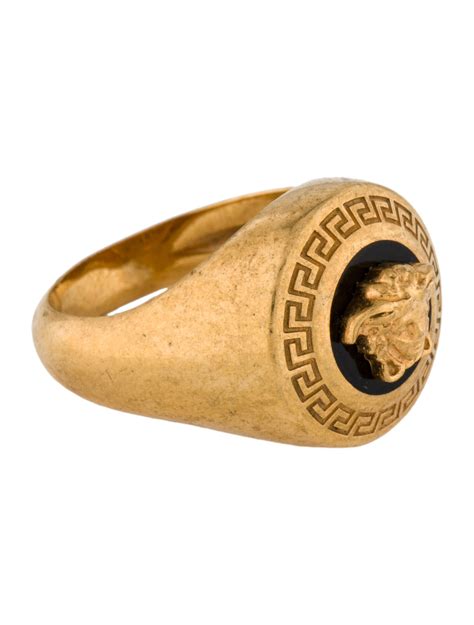 Versace Medusa Enamel Signet Ring Black Gold Tone Metal Signet Ring