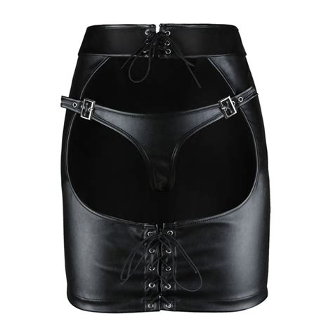 Gothic Leather Skirt Big Ass Open Butt Clubwear Mini Skirt Sexy Tight Hip Skirt Lingerie Bdsm