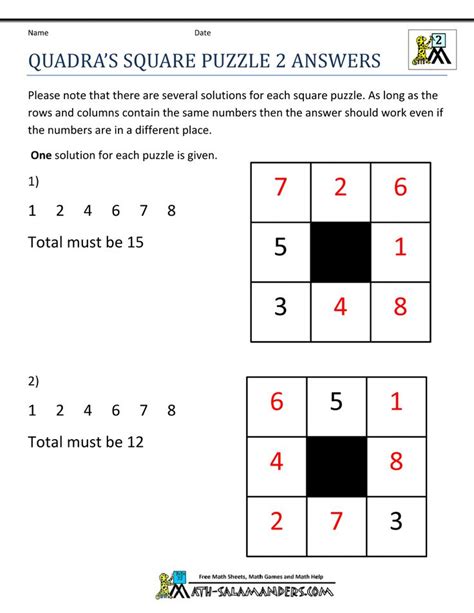 Quadras Square Puzzle 2 Answers Math Facts Addition 2nd Grade Math