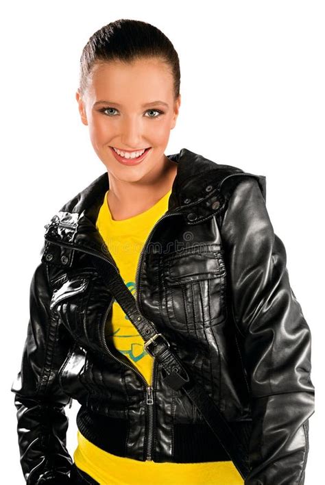 Teen Girl In Leather Jacket Stock Photo Image Of Attractive Posing