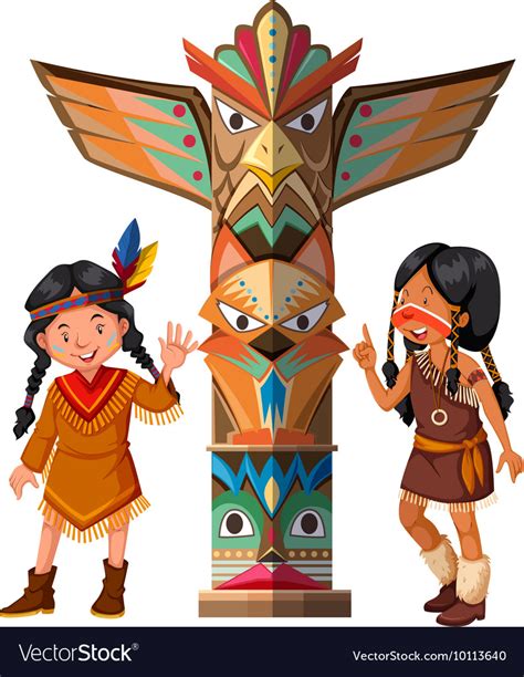 Two Red Indians And Totem Pole Royalty Free Vector Image
