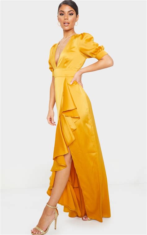 Mustard Satin Short Sleeve Frill Detail Maxi Dress Prettylittlething Aus