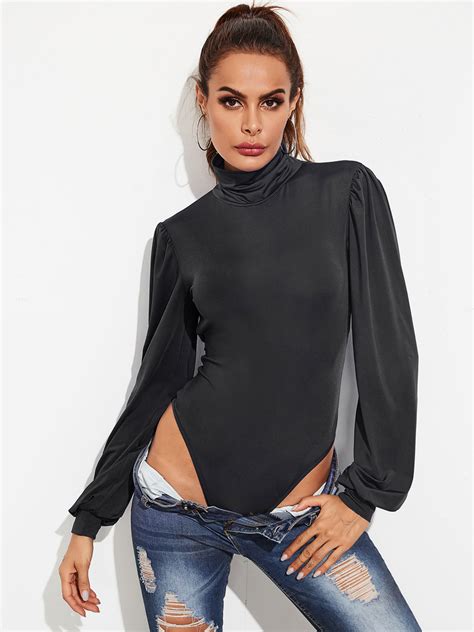 Women Black Bodysuit Long Sleeves Backless Polyester Sexy Top