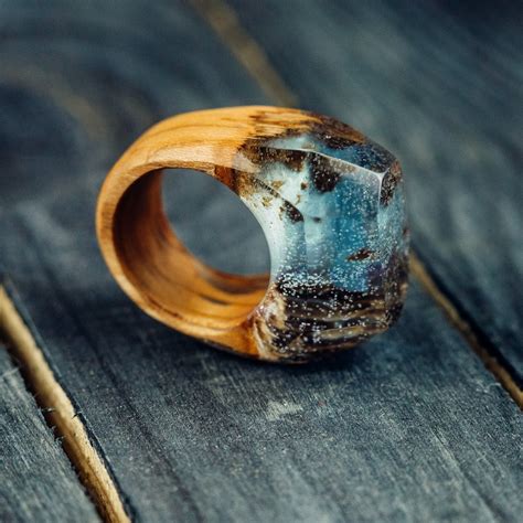 Wooden Resin Ring Wood Resin Ring For Women Blue Ring Handmade Eco Resin Nature Ring Wood And