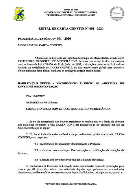 Edital De Carta Convite Nº 001 2020 Prefeitura Municipal De