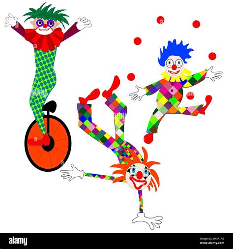 Three Colorful Clowns On White Background Spotted Costume Stripped