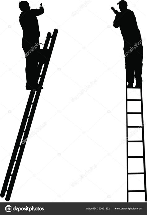 Silhouette Worker Climbing Ladder White Background Silhouette Worker