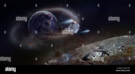 Moon Surface And Planet Earth With Spaceship Flying Around Elements Of