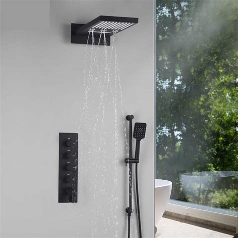 Matte Black Shower System With Waterfall Rain Rotating Water Spa Mas