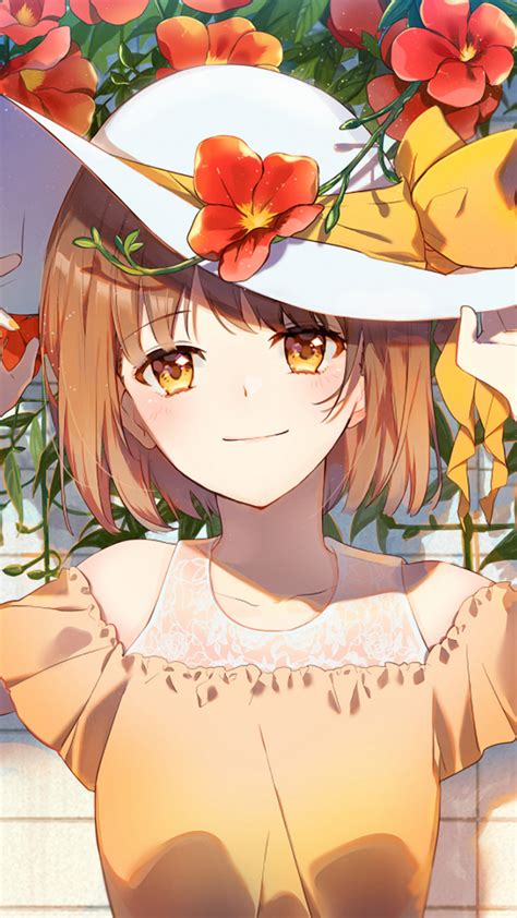 Download 720x1280 Wallpaper Yellow Eyes Hat Flowers Smile Beautiful
